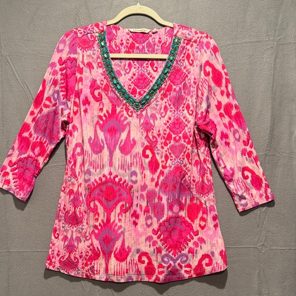 Soft Surroundings Pink and Red Tunic with Beaded Neckline Size Medium - Picture 1 of 4